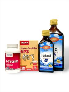 • JARRODOPHILUS EPS 30 cápsulas (apoyo digestivo e inmunidad) • 5-HTP (equilibrio emocional y descanso) • L-TIROSINE (función cognitiva y manejo del estrés) • FISH OIL Omega 3 – 200 ml y 500 ml (salud cardiovascular y cerebral)